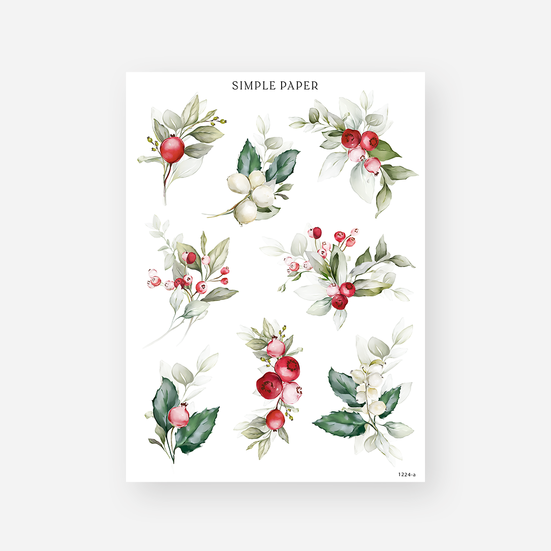 Red and blush berry sprigs with pale eucalyptus and holly leaves, December 2024 Sheet A