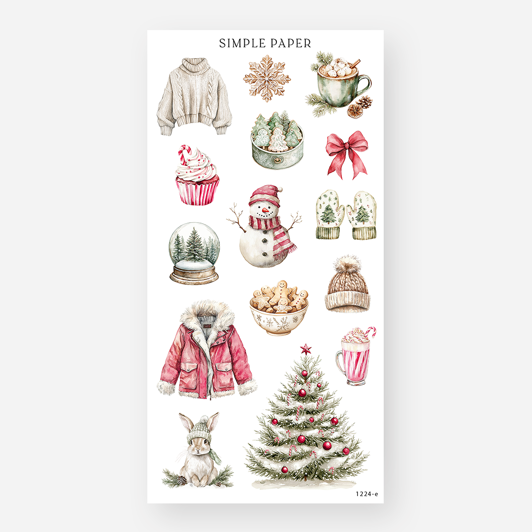 Cozy holiday stickers with a sweater, cocoa mug, snowman, mittens, cookies and a decorated tree, December 2024 Sheet E