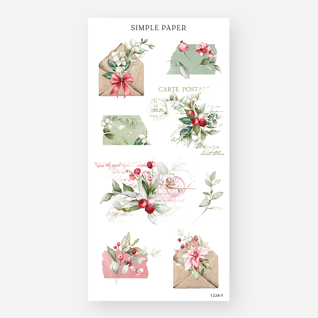 Kraft envelope stickers with ribbon bows, berries, poinsettia and a faded vintage postcard, December 2024 Sheet F