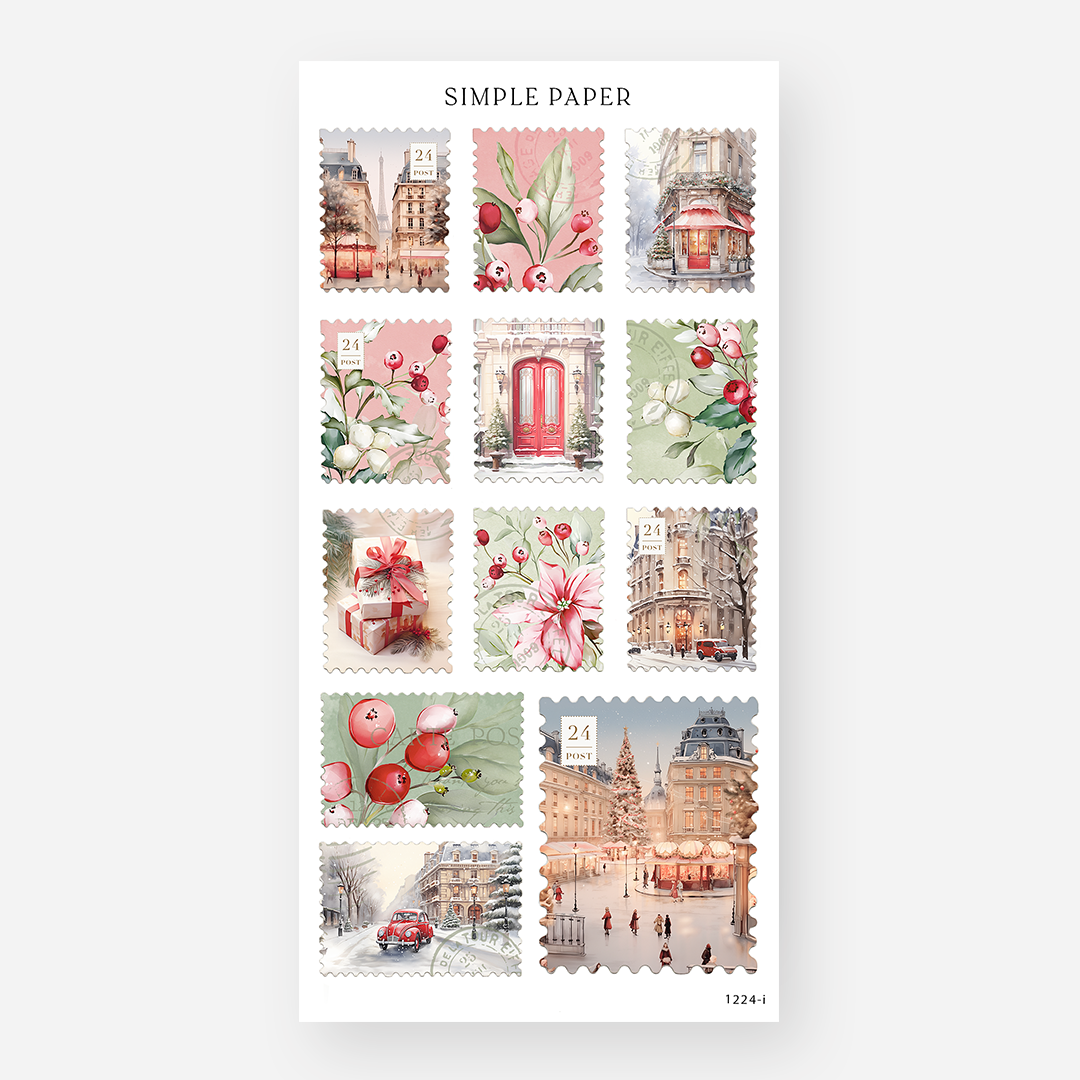 Vintage postage stamp stickers with snowy city streets, a red door, gifts and a vintage car, December 2024 Sheet I