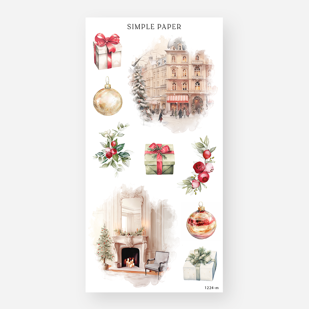 Wrapped gifts, glass ornaments, berries and a cozy fireplace mantel scene, December 2024 Sheet M