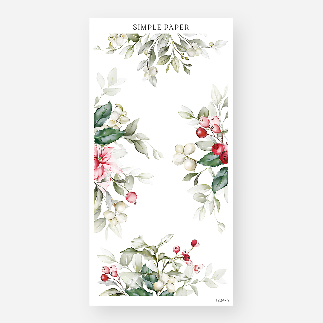 Poinsettia, holly and berry corner frame stickers with pale eucalyptus leaves, December 2024 Sheet N