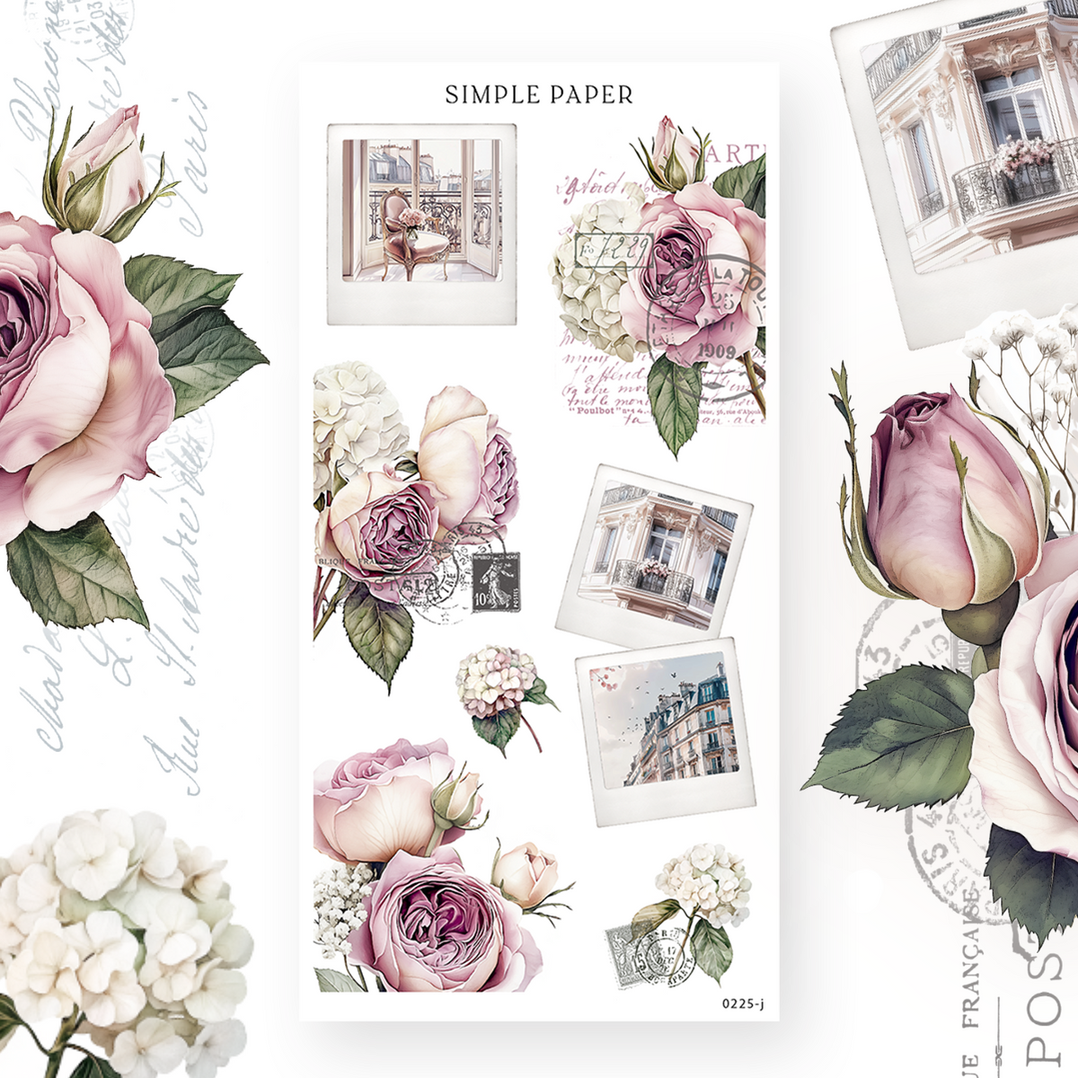 Snapshot photo frame stickers with a balcony window and rooftop scene, plus roses, Sheet J