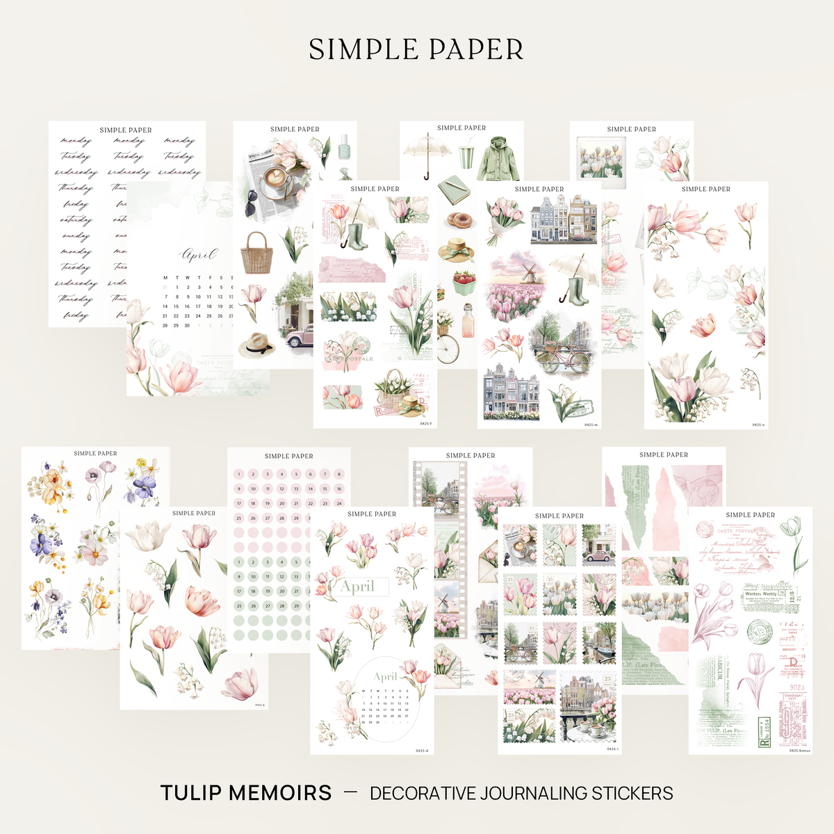Tulip Memoirs full decorative sticker kit with tulip, canal, stamp, calendar and date dot sheets in blush and sage