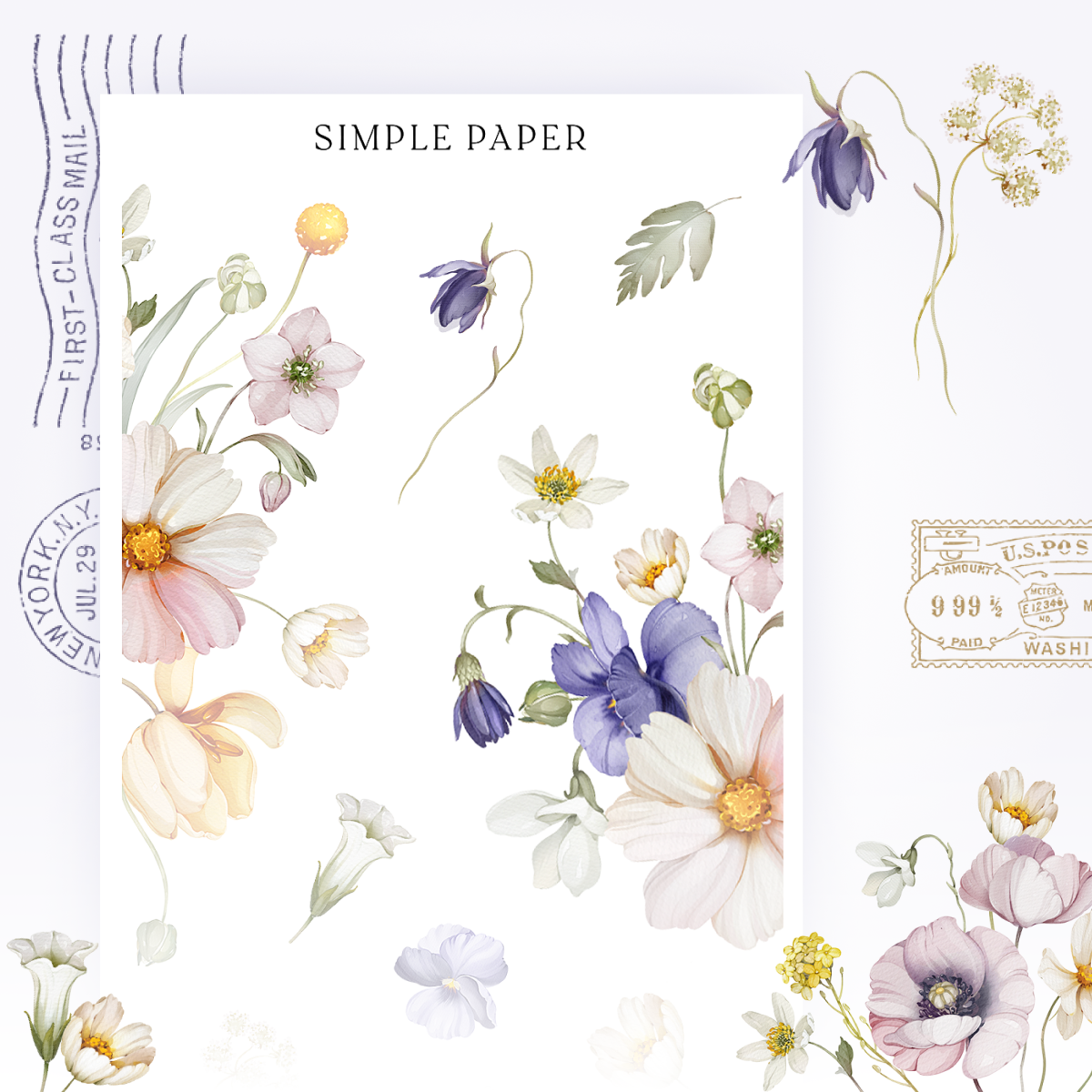 Sticker sheet of scattered wildflower stems including cosmos, anemones, bellflowers, craspedia and pale tulips, Sheet N