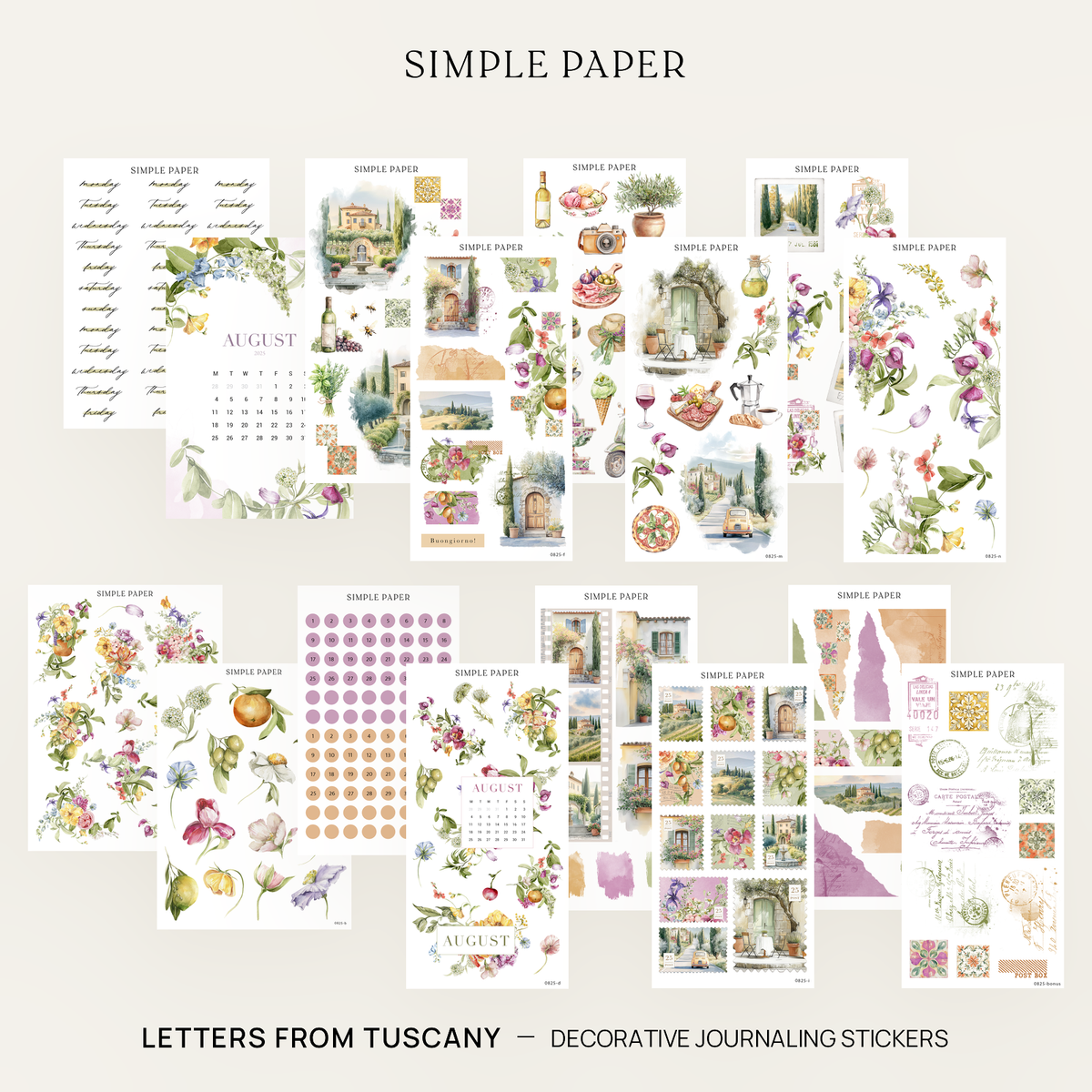 Letters From Tuscany full kit with Tuscan villas, cypress hills, arched doors, lemons, florals and an August 2025 calendar