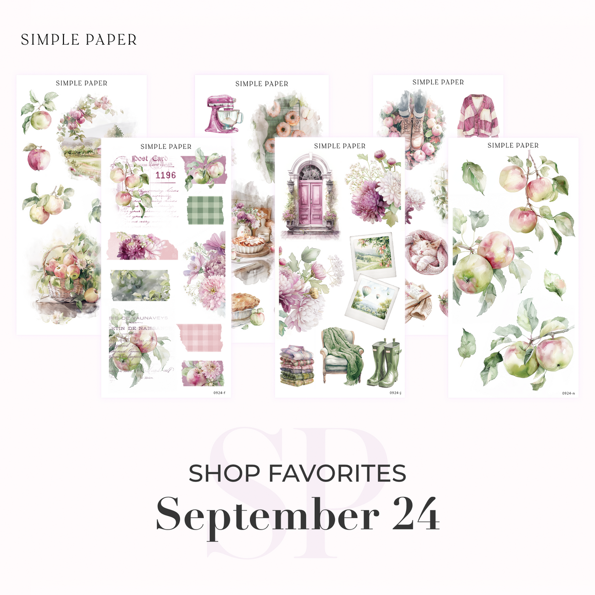 Shop Favorites bundle from the September 2024 kit with apple branches, baking, a pink doorway, and cozy knits