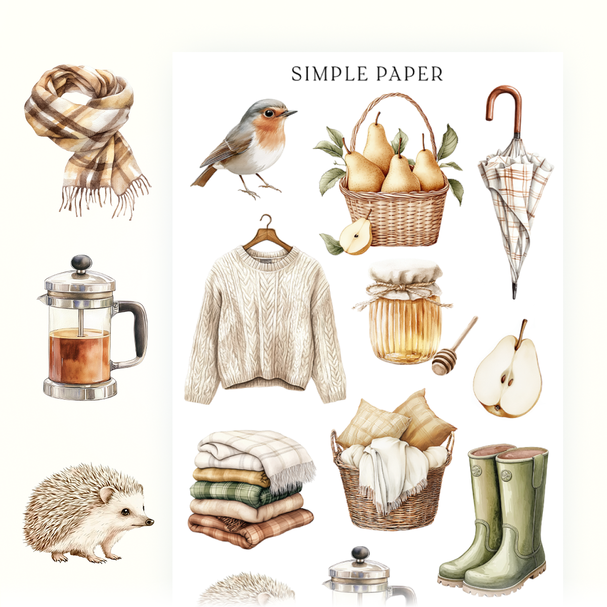 Cozy autumn stickers with a robin, pear basket, plaid umbrella, sweater, honey jar, and green boots, Sheet E