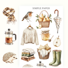 Cozy autumn stickers with a robin, pear basket, plaid umbrella, sweater, honey jar, and green boots, Sheet E