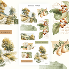 Countryside landscape stickers with hillside trees, a pear branch, and white dahlia flowers, Sheet F