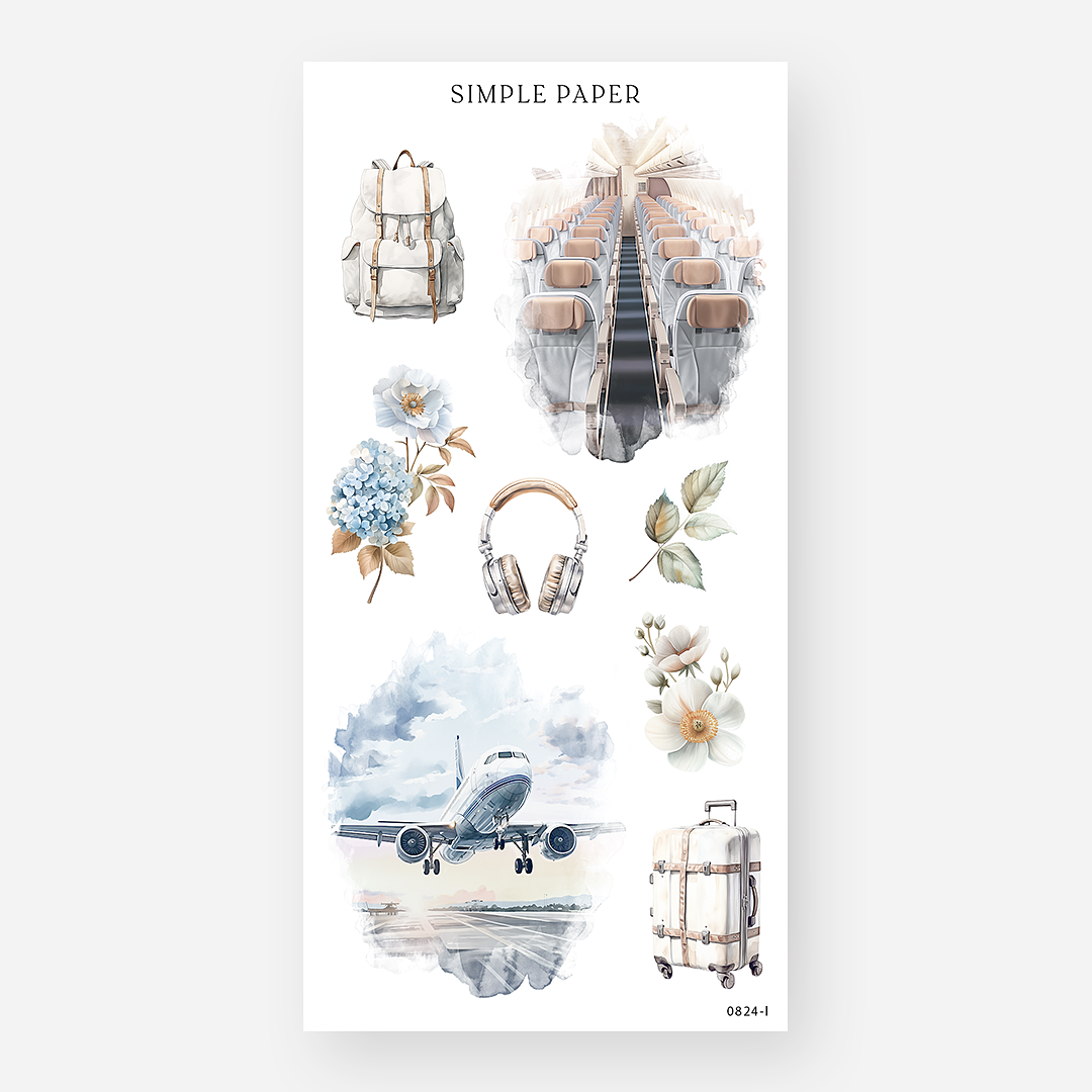 Backpack, airplane cabin, headphones, hydrangea and suitcase stickers, August 2024 Sheet L