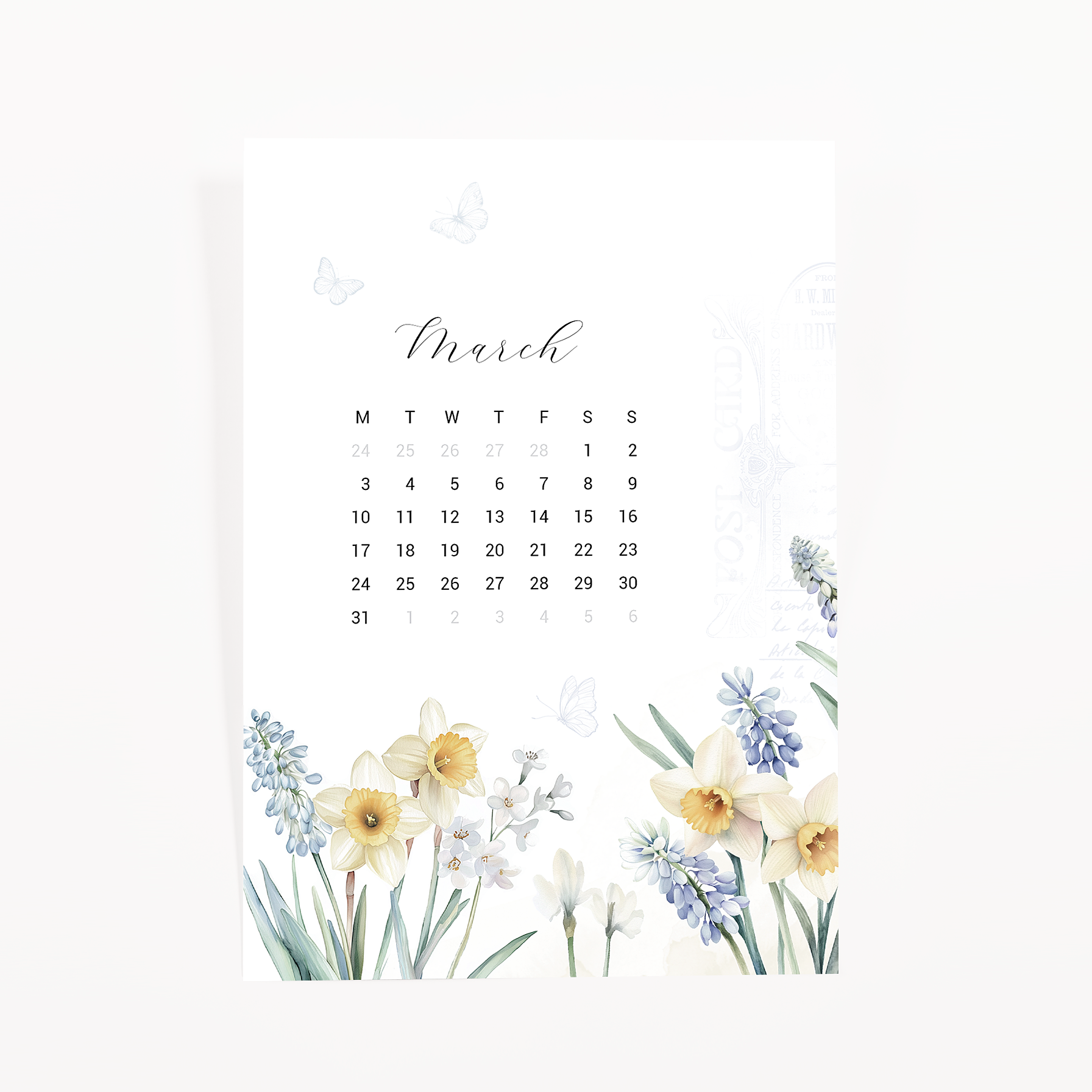 March calendar card with butterflies, daffodils and grape hyacinth, Spring Refresh