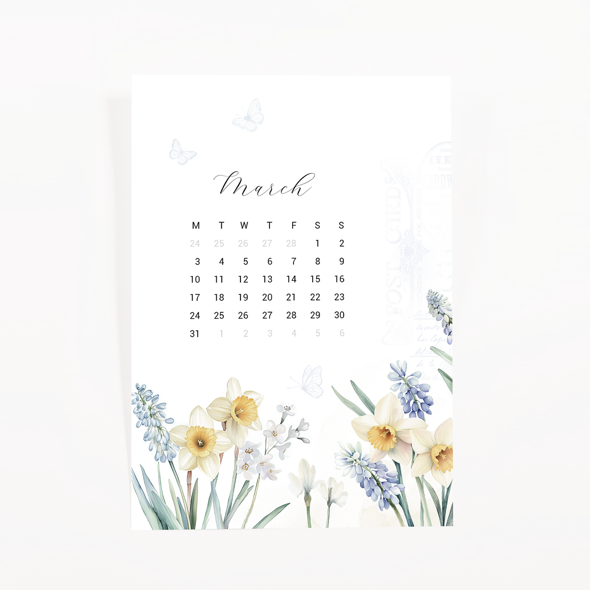 March calendar card with butterflies, daffodils and grape hyacinth, Spring Refresh