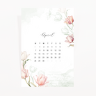 April 2025 calendar journaling card with watercolor pink and white tulips and vintage postcard stamps on a sage wash
