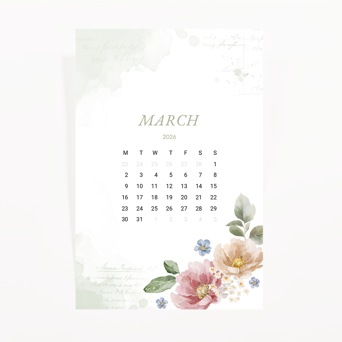 Springbound March 2026 Luxe Journaling Card: March calendar framed with watercolor peonies and bluebells by Simple Paper
