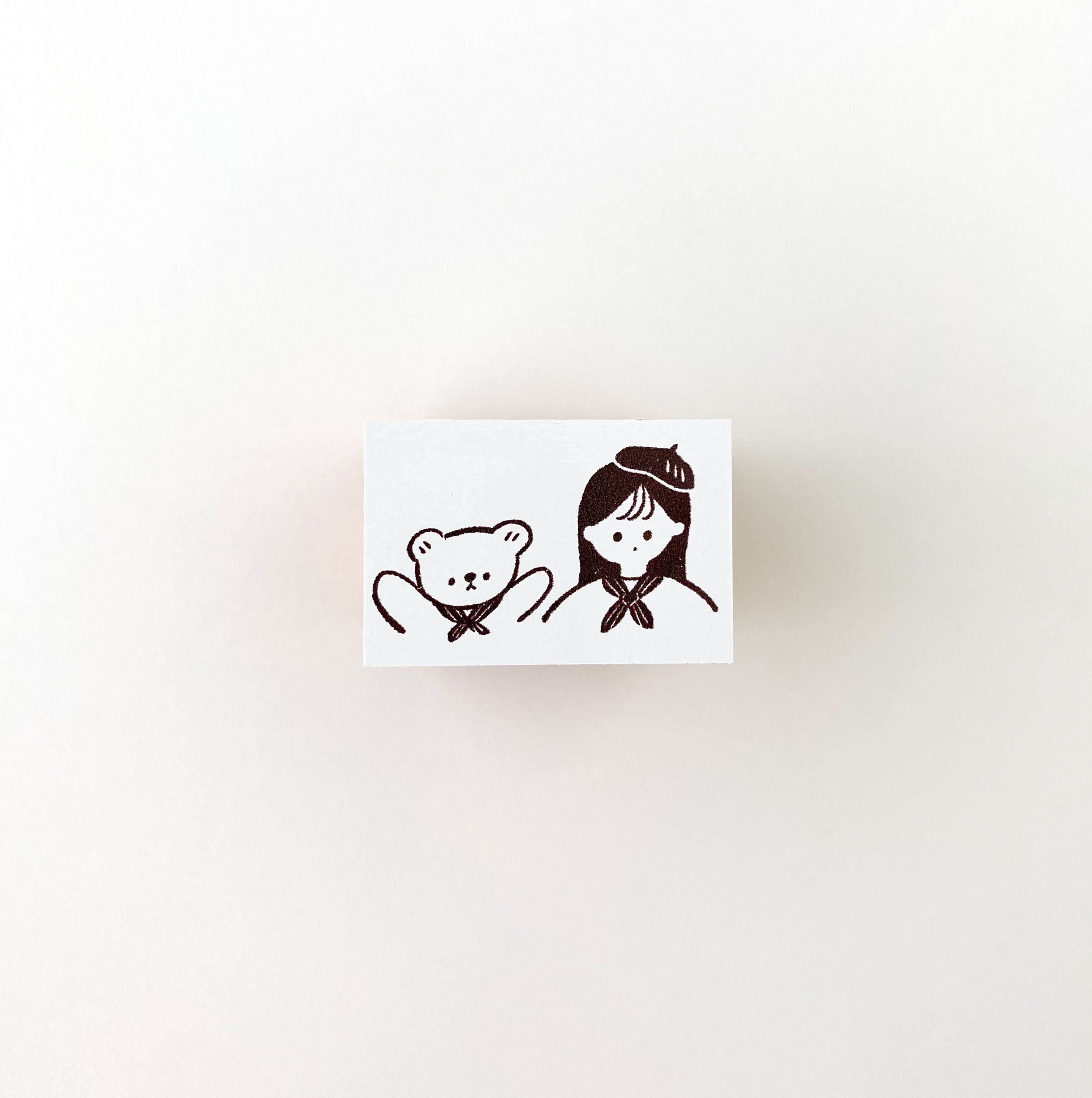 ranmyu rubber stamp of a girl in a hat with a bear, Kuma and Girl With Hat