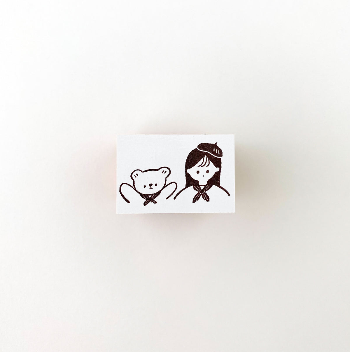 ranmyu rubber stamp of a girl in a hat with a bear, Kuma and Girl With Hat