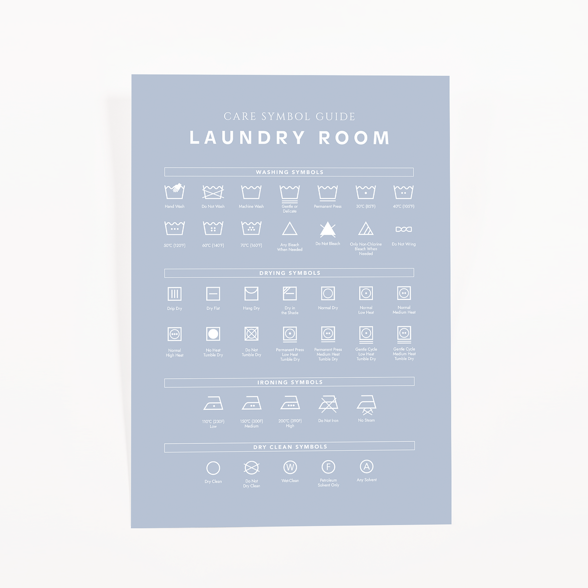 Blue gray laundry room care symbol guide card with washing, drying, ironing and dry clean icons
