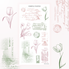 Tulip Memoirs bonus sticker sheet with pink and sage tulip line art, vintage postcard script, ticket stubs and postal stamps