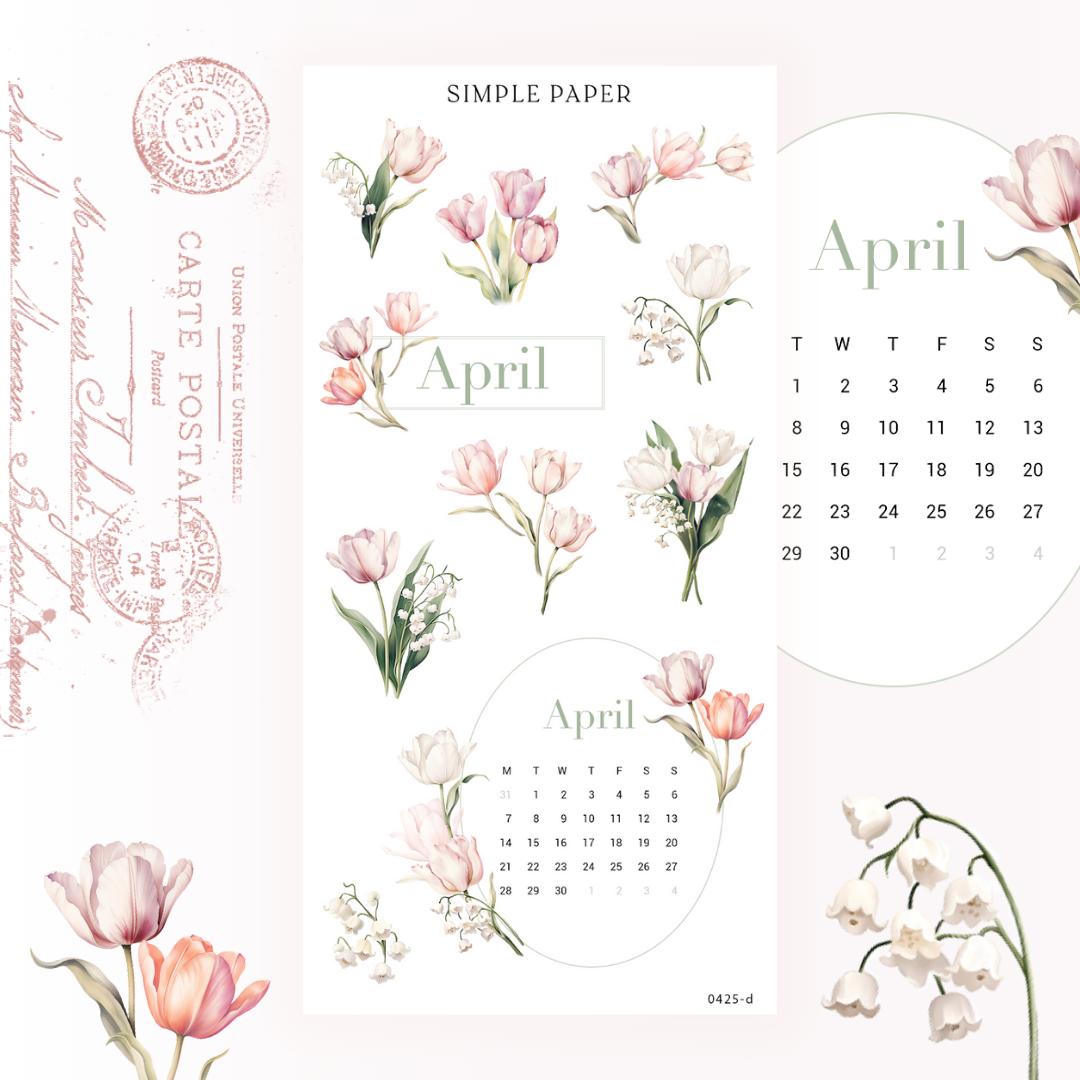 April mini calendar and script headers with pink tulip and lily of the valley clusters, Tulip Memoirs Sheet D