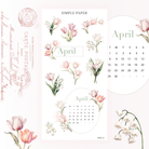 April mini calendar and script headers with pink tulip and lily of the valley clusters, Tulip Memoirs Sheet D