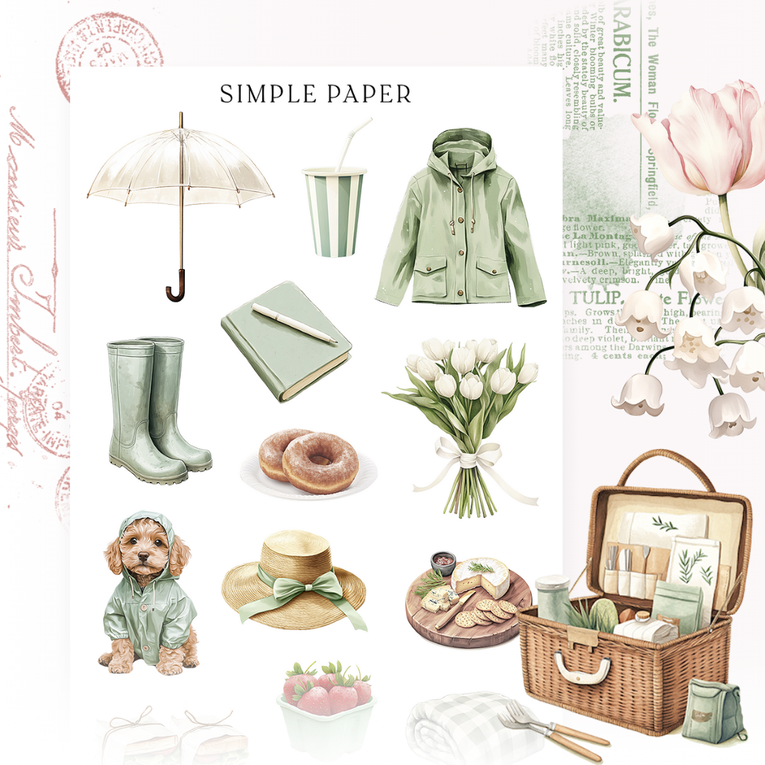 Spring stickers with a clear umbrella, sage raincoat, rain boots, picnic basket, straw hat and a puppy in a raincoat, Sheet E