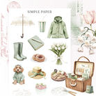 Spring stickers with a clear umbrella, sage raincoat, rain boots, picnic basket, straw hat and a puppy in a raincoat, Sheet E