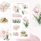 Vintage postcard collage stickers with pink tulips, lily of the valley, postal stamps, rain boots and an umbrella, Sheet F