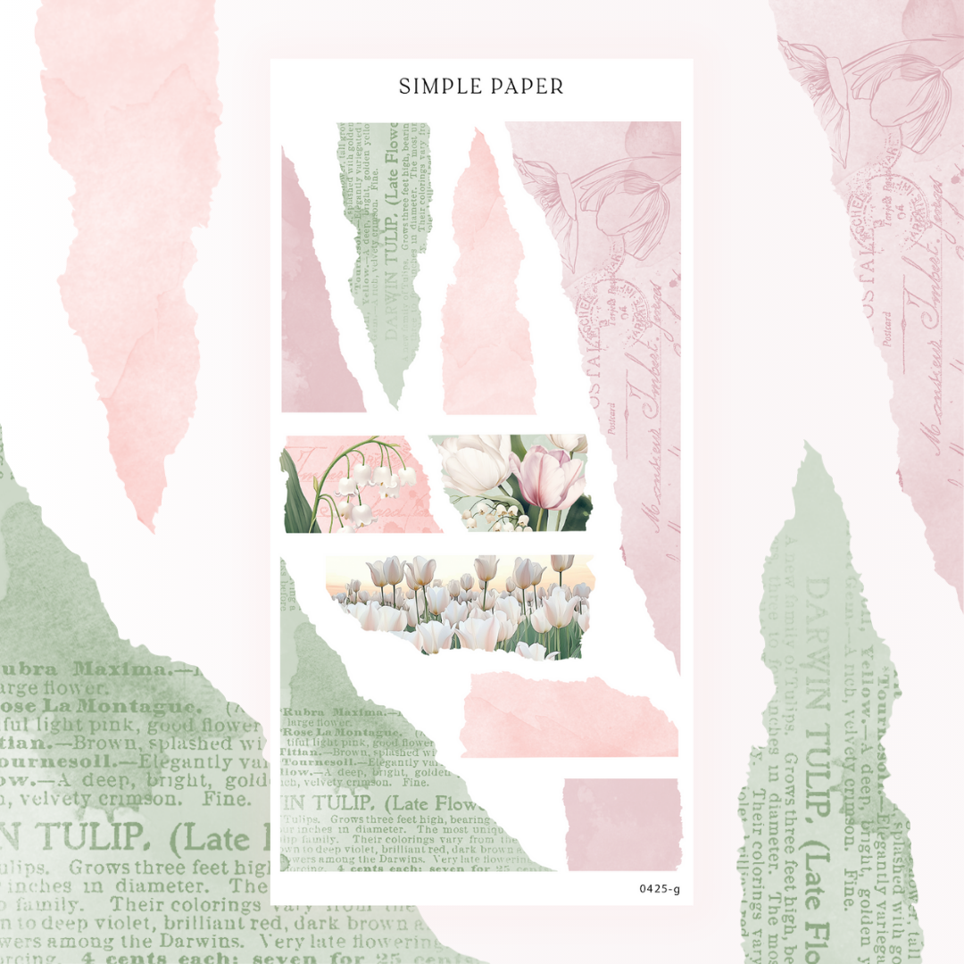 Torn paper strip stickers in blush pink and sage with vintage tulip catalog text and tulip field photos, Sheet G