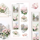Filmstrip sticker with canal, tulip and windmill frames, tulips in vintage envelopes and a cafe table, Tulip Memoirs Sheet K