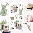 Spring cafe stickers with a latte, sage polka dot dress, straw hat, woven basket, tulips and a pink car, Sheet L