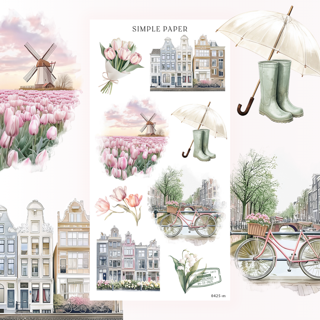 Canal houses, a windmill over tulip fields, a bicycle with flowers, a bouquet, umbrella and rain boots, Tulip Memoirs Sheet M