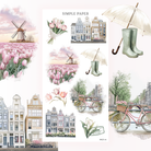 Canal houses, a windmill over tulip fields, a bicycle with flowers, a bouquet, umbrella and rain boots, Tulip Memoirs Sheet M