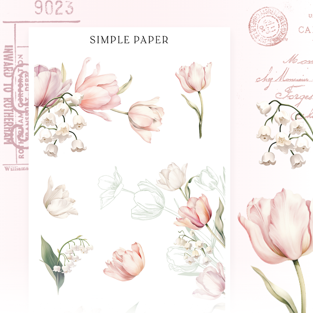 Blush tulip and lily of the valley stickers layered over pencil sketch tulip outlines, Tulip Memoirs Sheet N