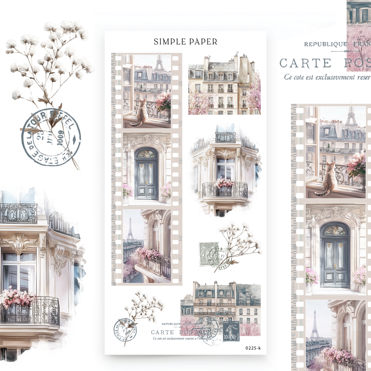 Filmstrip frame stickers with a cat in a window, ornate doors and flower box balconies, Sheet K