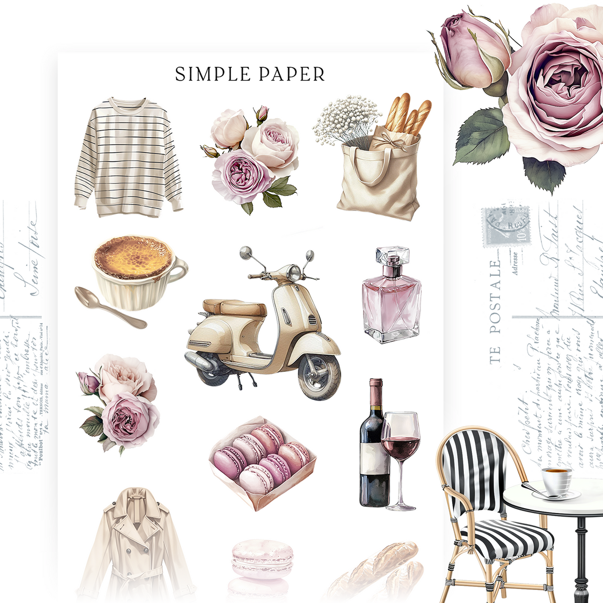Cafe lifestyle stickers with a striped sweater, coffee cup, scooter, macarons and wine, Sheet E