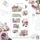 Vintage building and postcard scrap stickers with roses and cursive script, Sheet F