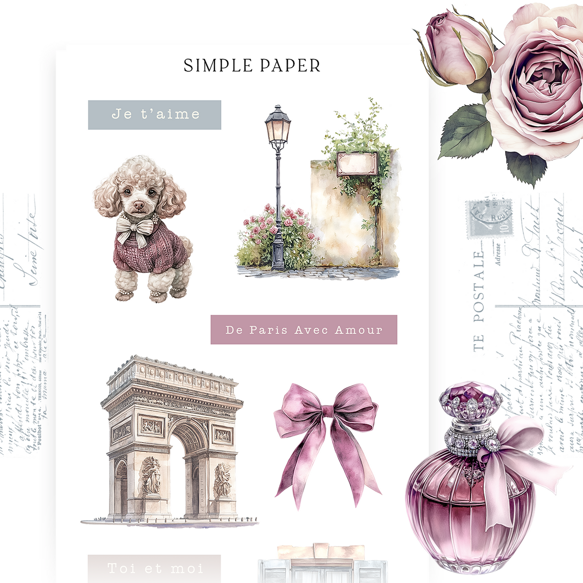 Valentine stickers with a poodle, street lamp, stone arch, ribbon bow and jeweled perfume bottle