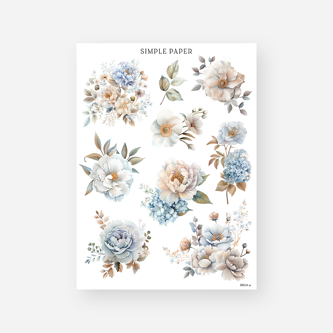 Blue and cream peony, rose and hydrangea sticker bouquets, August 2024 Sheet A
