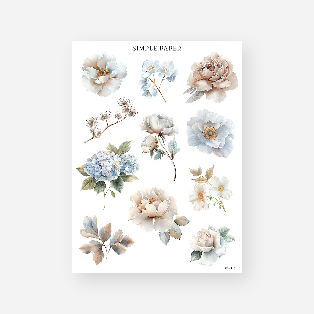 Loose peony, rose, hydrangea and dandelion sprig stickers, August 2024 Sheet B