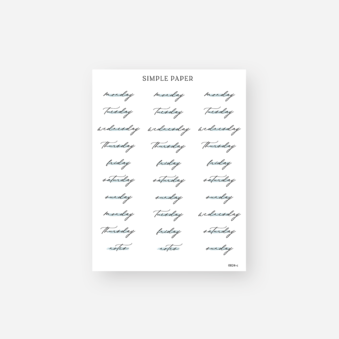 Flowing black script days of the week stickers with teal underlines and notes labels, August 2024 Sheet C