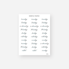Flowing black script days of the week stickers with teal underlines and notes labels, August 2024 Sheet C