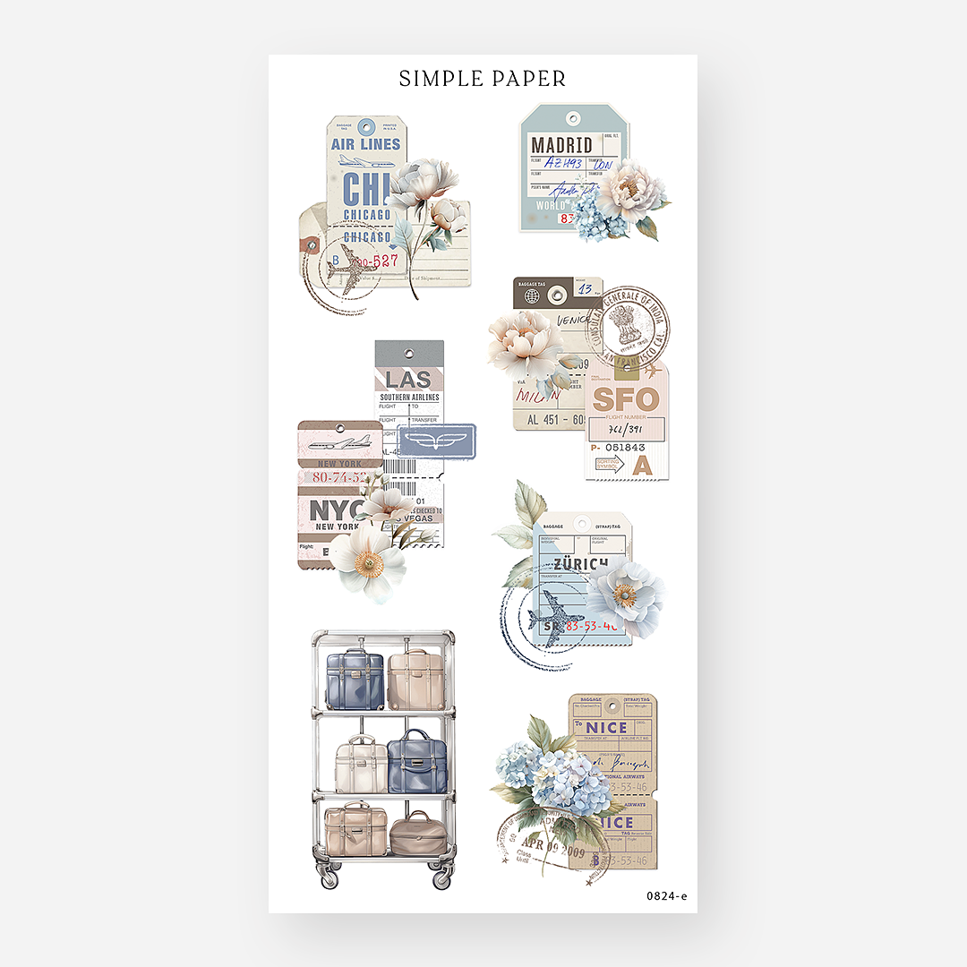 Vintage luggage tag stickers with city names, postmarks and pastel florals, August 2024 Sheet E
