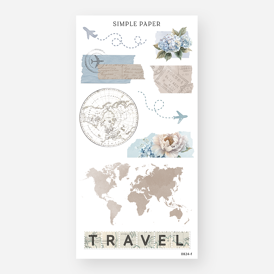World map stickers with washi tape scraps, airplanes, florals and travel letters, August 2024 Sheet F