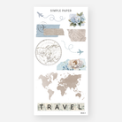 World map stickers with washi tape scraps, airplanes, florals and travel letters, August 2024 Sheet F