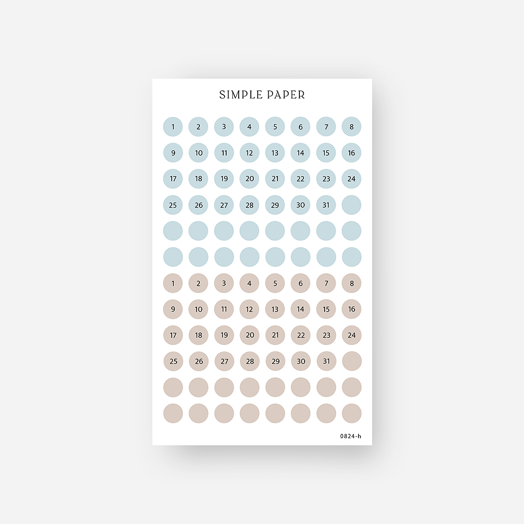 Dusty blue and tan date dot stickers numbered 1 to 31 with blank dots, August 2024 Sheet H