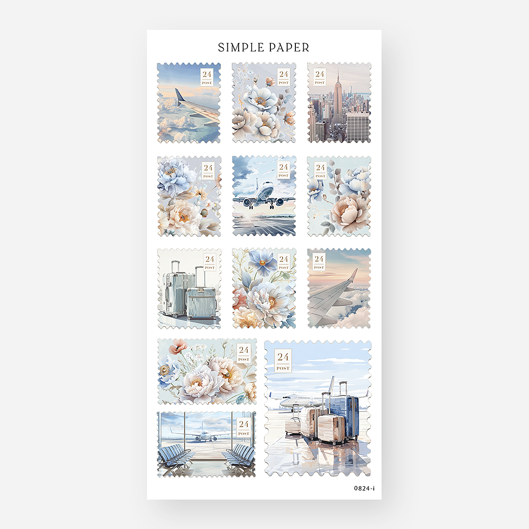 Postage stamp stickers with airplane wings, florals, a city skyline and luggage, August 2024 Sheet I