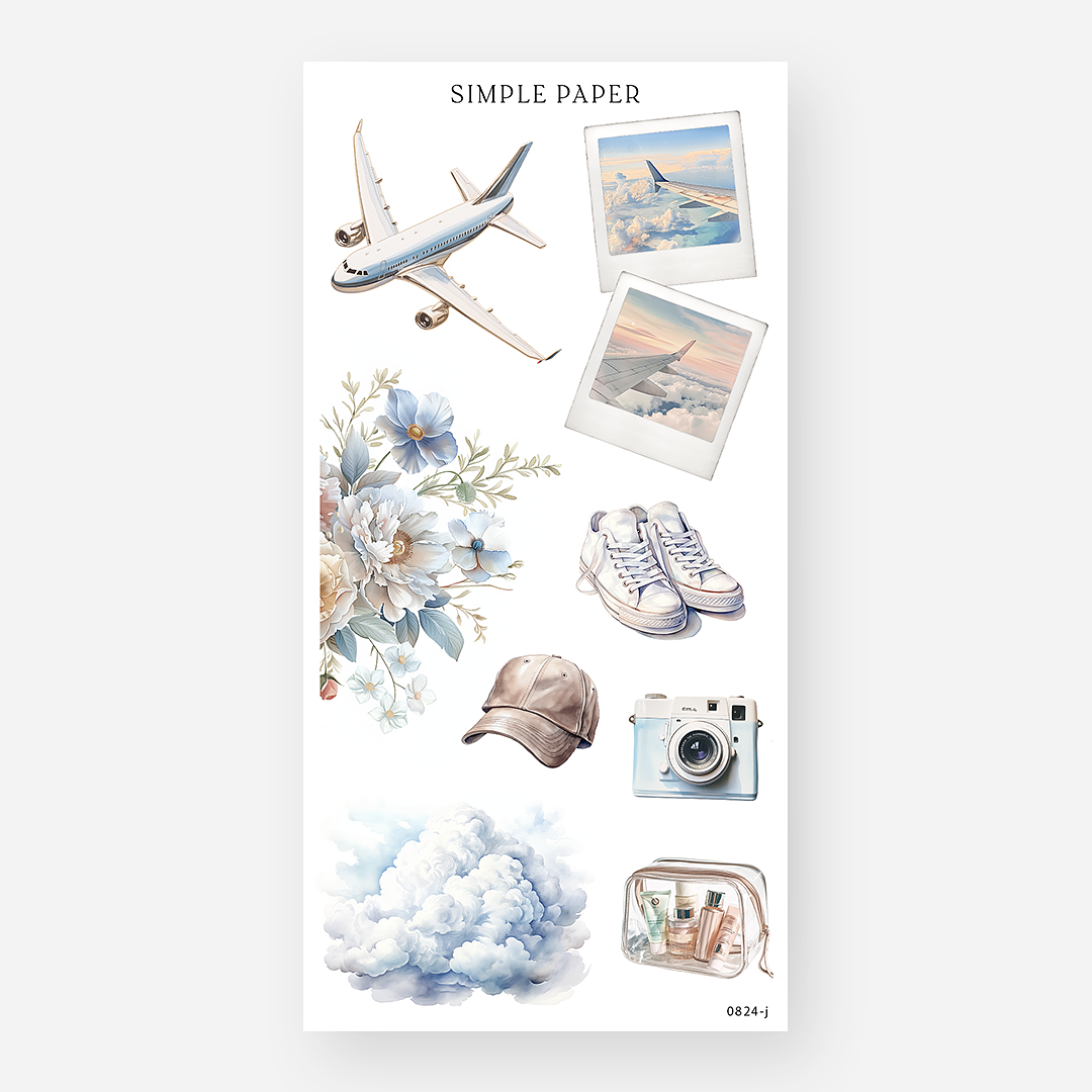 Airplane, instant photo frames, florals, sneakers, a cap and vintage camera stickers, August 2024 Sheet J