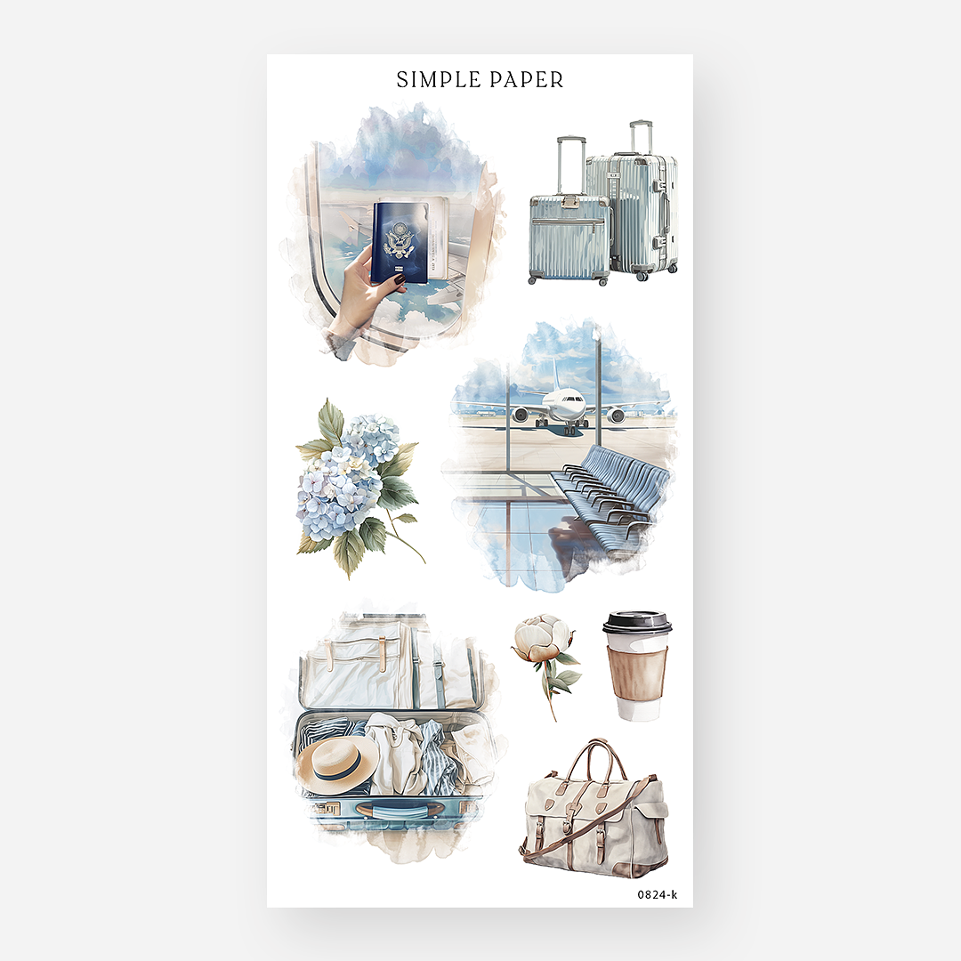 Passport, luggage, hydrangea, packed suitcase, coffee cup and duffel bag stickers, August 2024 Sheet K