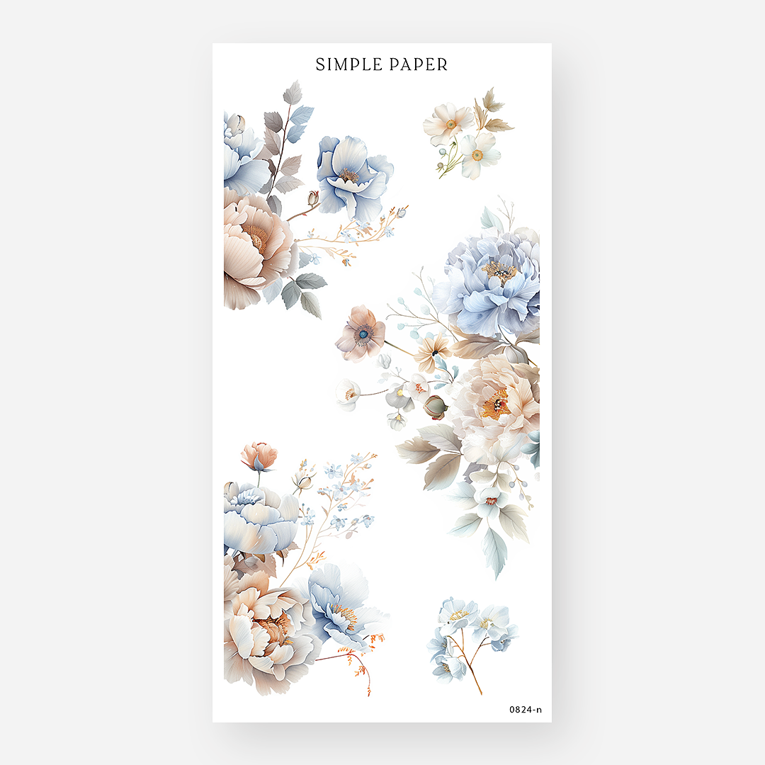 Blue and parchment floral sticker clusters, August 2024 Sheet N
